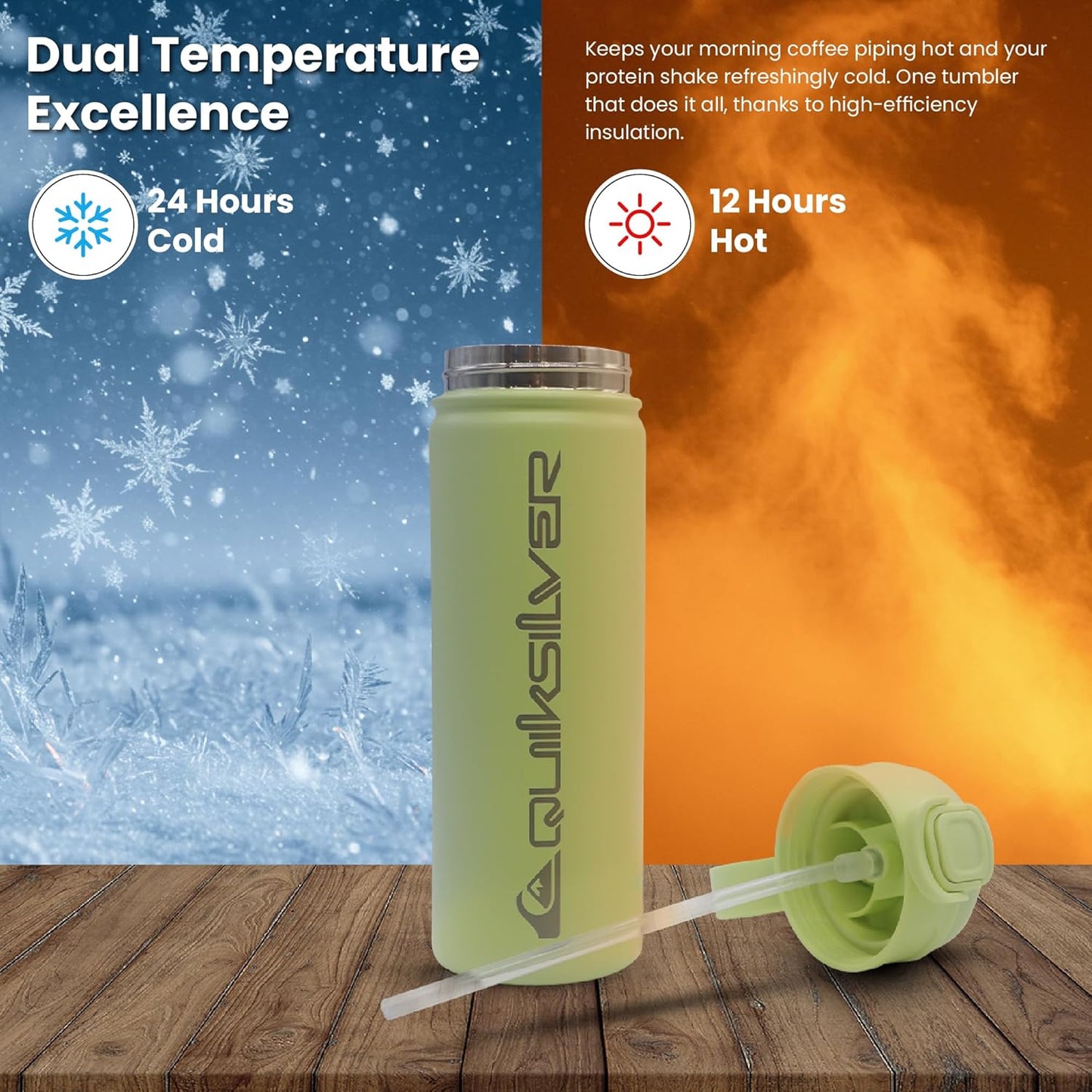 Quiksilver Laguna 32oz Tripple Wall Stainless Steel Water Bottle, Reusuable Sports Bottle with Leak-Proof Straw and Spout Lid, Non-Slip Rubber Base, Carrier Handle, 24H Hot & Cold Insulated Tumbler