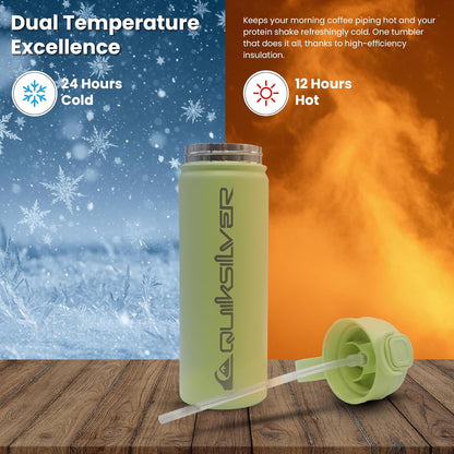 Quiksilver Laguna 32oz Tripple Wall Stainless Steel Water Bottle, Reusuable Sports Bottle with Leak-Proof Straw and Spout Lid, Non-Slip Rubber Base, Carrier Handle, 24H Hot & Cold Insulated Tumbler