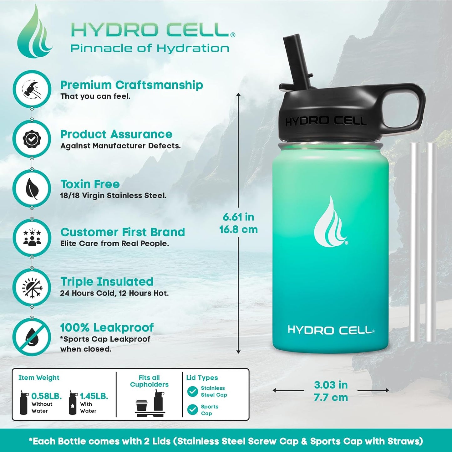 HYDRO CELL Stainless Steel Insulated Water Bottle with Straw - For Cold & Hot Drinks - Metal Vacuum Flask with Screw Cap and Modern Leakproof Sport Thermos for Adults (Neon 18oz)