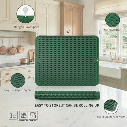 MicoYang Silicone Dish Drying Mat for Multiple Usage,Easy clean,Eco-friendly,Heat-resistant Silicone Mat for Kitchen Counter,Sink,Bar,Bottle,or Cup Green M 17 inches x 6 inches