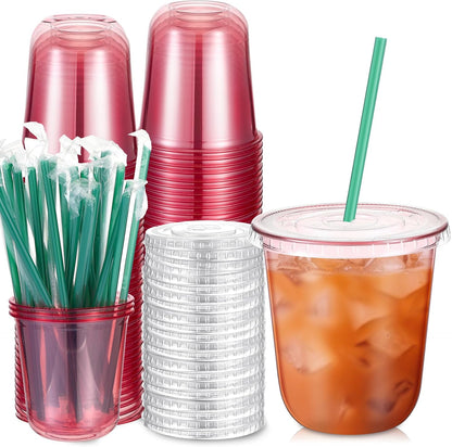 Baderke 25 Set Plastic Cups with Lids and Straws, Disposable Plastic Iced Coffee Cup for Cold Beverage Juice Smoothie Crystal for Coffee Shops Party Catering(Clear,16 oz)