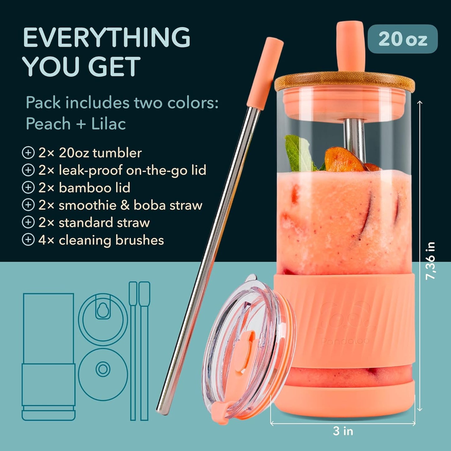 Pandaloo® Glass Cups With Lids and Straws -20 Fl Oz- Perfect Size Iced Coffee Cup - Smoothie Cup With Bamboo Lid and On the go Lid - Glass Tumbler With Straw (1 Count (Pack of 1), Lilac Rhapsody)