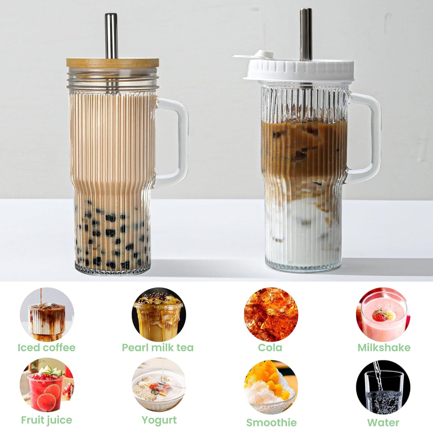 2Pack 40OZ Glass Tumbler with Handle,Glass Cup with Lid and Straw,Reusable Glass Iced Coffee Cup for Beer, Smoothies, Juice,Hot/Cold Drinks-Suitable for Birthday,Wedding