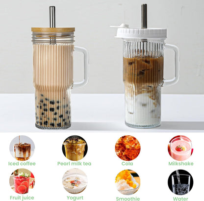 2Pack 40OZ Glass Tumbler with Handle,Glass Cup with Lid and Straw,Reusable Glass Iced Coffee Cup for Beer, Smoothies, Juice,Hot/Cold Drinks-Suitable for Birthday,Wedding