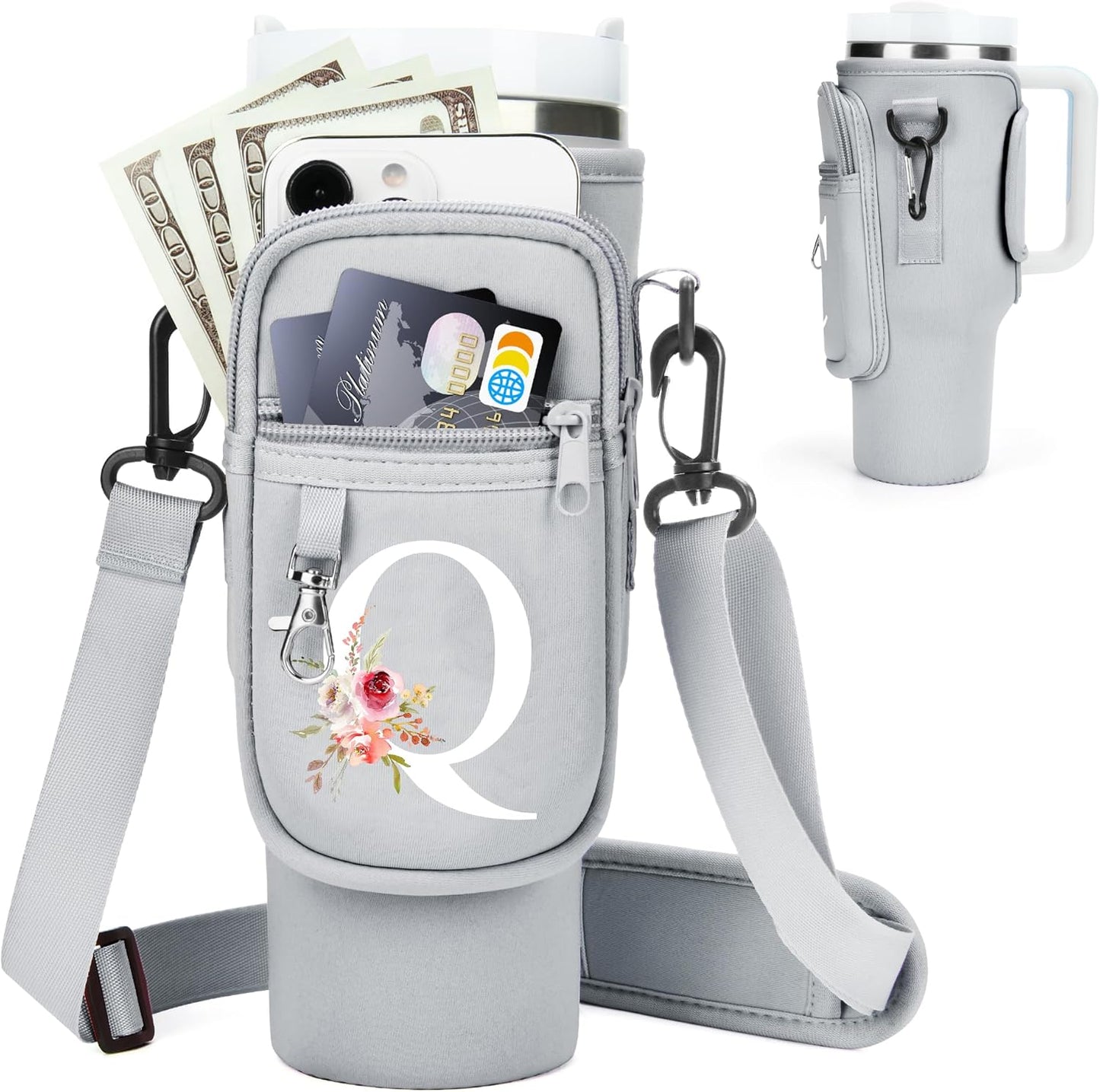 Initial Water Bottle Holder with Strap for Stanley Cup Accessories 40 oz/Simple Modern Tumbler, Birthdays for Women Girls, Water Bottle Carrier Bag with Phone Pocket,Hiking Walking Gym Camping