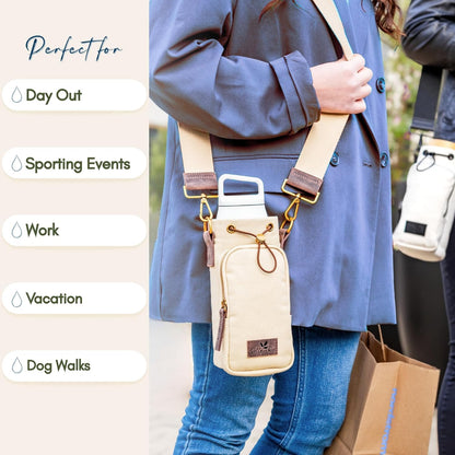 Water Bottle Holder with Strap & Pocket – Crossbody Water Bottle Carrier - Fits 16 to 32 oz Bottles