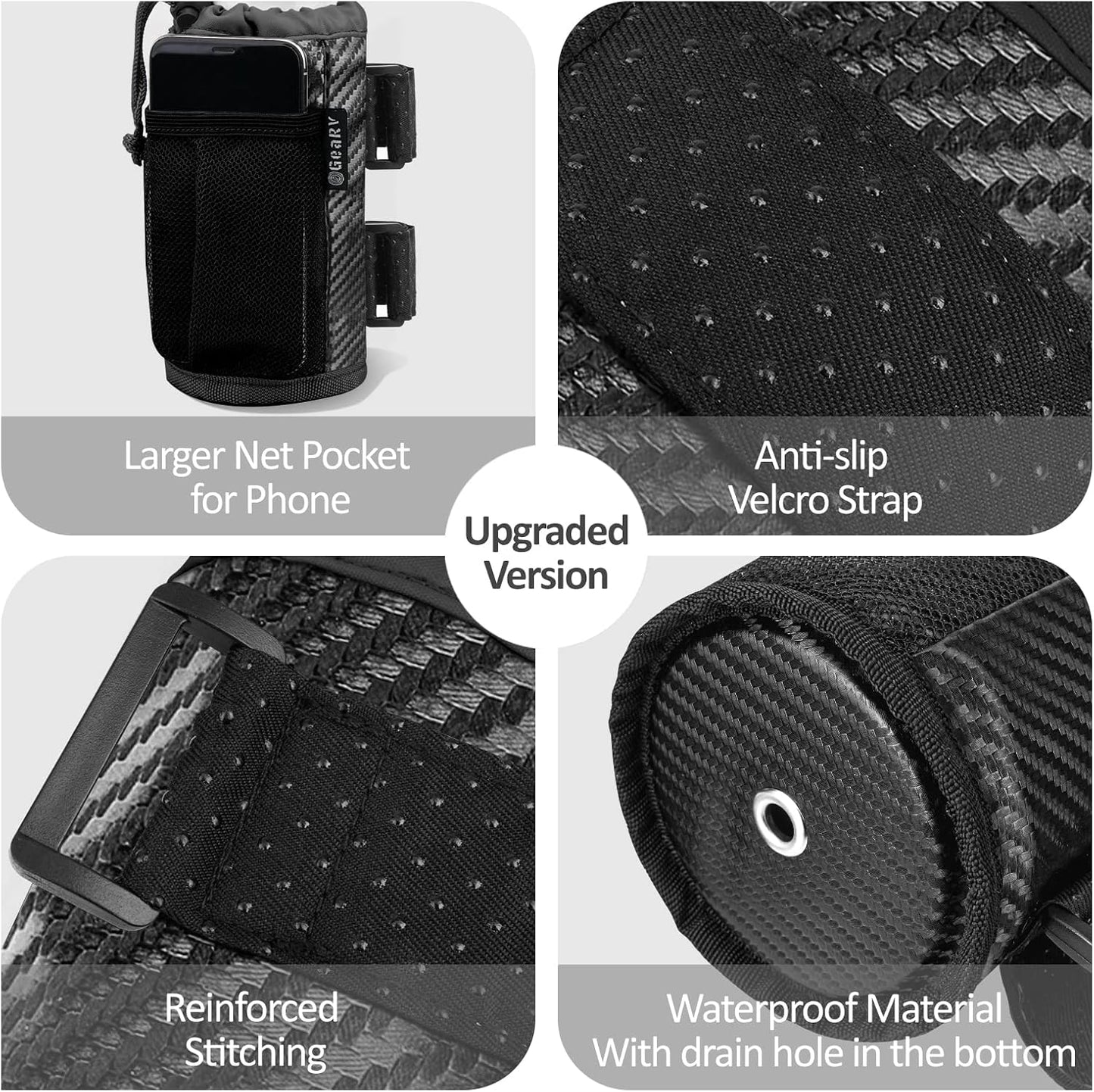 GEARV 2Pack Cup Holder for Bike, Scooter and Wheelchair, Water Bottle Holder for UTV/ATV, Walker, Golf Cart and Beach, Universal Drink Holder Accessories with Net Pocket and Cord Lock (Black)
