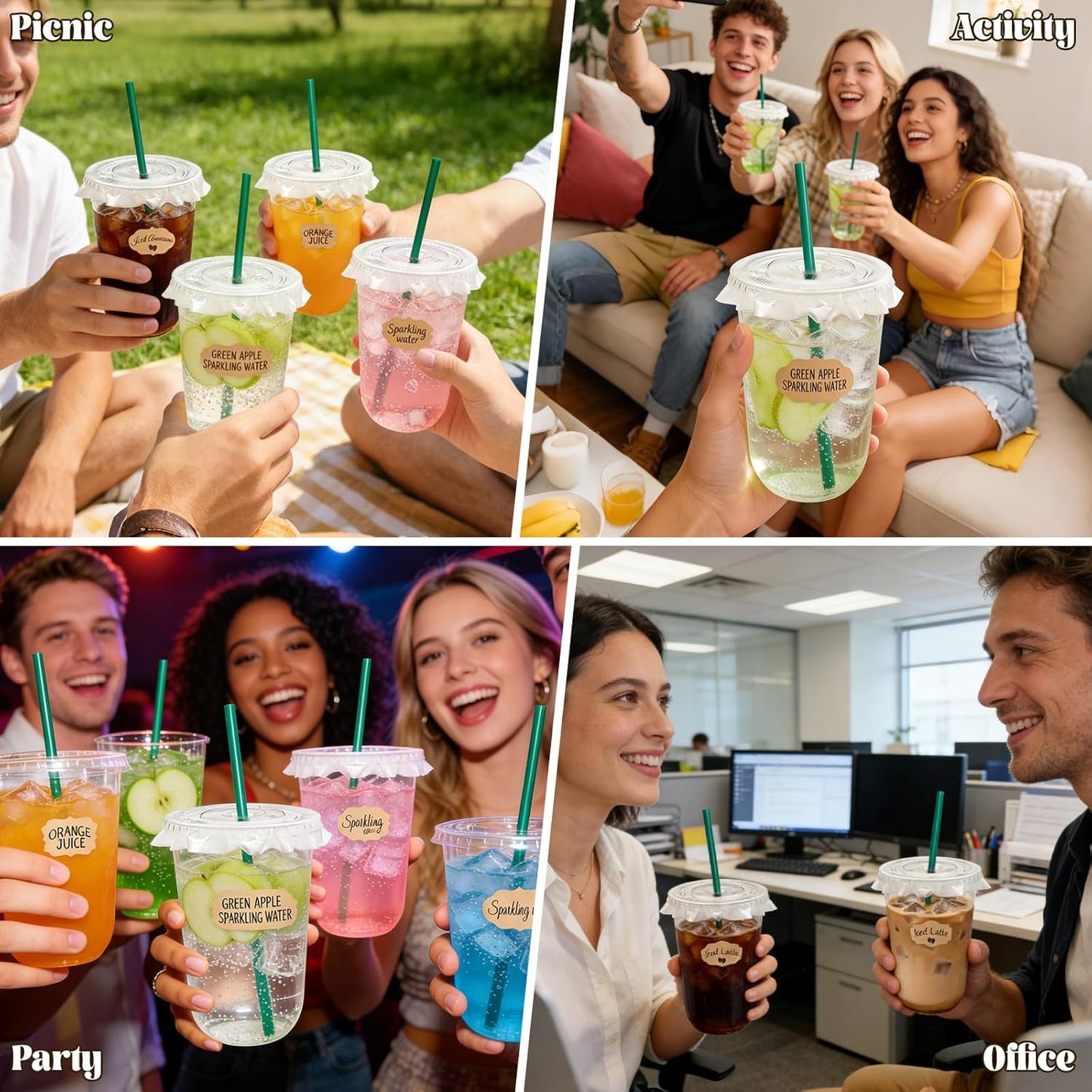25 Sets 16 oz Clear Plastic Cups with Lids and Straws, Disposable Iced Coffee Cups for Cold Beverages, Smoothies, Bubble Tea, Includes Leak-Proof Paper and Stickers