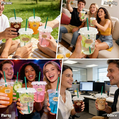 25 Sets 16 oz Clear Plastic Cups with Lids and Straws, Disposable Iced Coffee Cups for Cold Beverages, Smoothies, Bubble Tea, Includes Leak-Proof Paper and Stickers