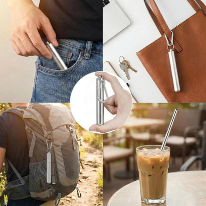 Collapsible Stainless Steel Drinking Straws with Aluminum Case, Cleaning Brush, and Keychains（Black+Silver）