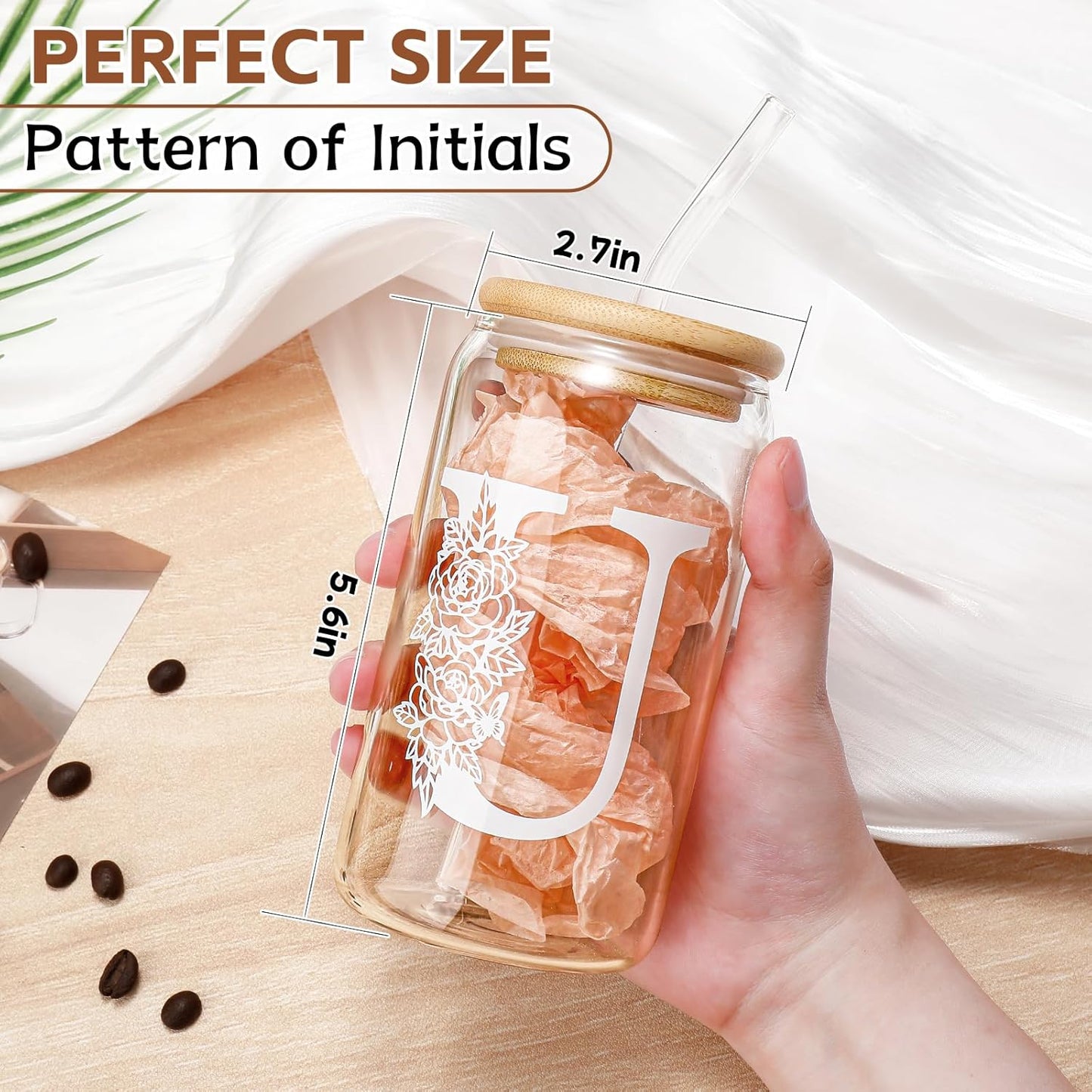 Glass Cups with Lids and Straws: Personalized Initial Glass Cup Be Used As Reusable Iced Coffee Cups with Lids,Cute Matcha Tumbler - The Christmas/Birthday Gifts for Women - M Smoothie Cup