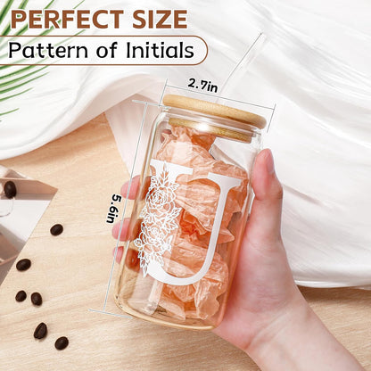 Glass Cups with Lids and Straws: Personalized Initial Glass Cup Be Used As Reusable Iced Coffee Cups with Lids,Cute Matcha Tumbler - The Christmas/Birthday Gifts for Women - M Smoothie Cup