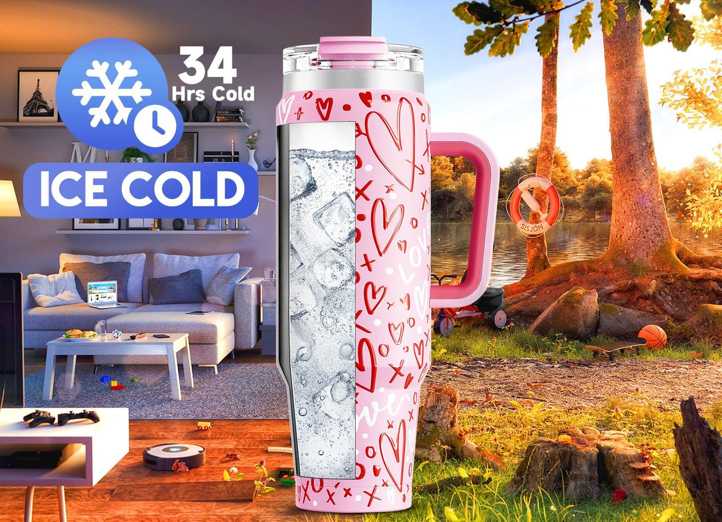 Meoky 32 oz Tumbler with Handle, Insulated Tumbler with Lid and Straw, Stainless Steel Travel Mug, Keeps Cold for 24 Hours, 100% Leak Proof, Fits in Car Cup Holder (Night)