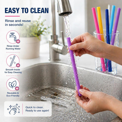 Reusable Silicone Drinking Straws - Set of 5 - BPA Free - Free Cleaning Brush Included - 10" Long Extra Wide Fat Straws - Great Gift for Smoothies & Bubble Tea Lovers