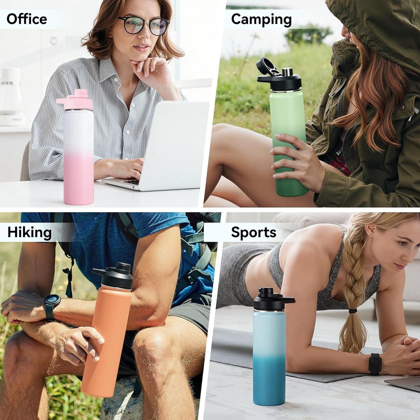 Fijinhom 24 oz Insulated Water Bottle with Handle, 304 Stainless Steel Water Bottles with Wide Mouth, Double Wall Vacuum Sports Water Bottle, BPA Free, Keep Cold and Hot, Black | with Handle