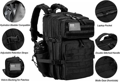 LHI Military Tactical Backpack for Men and Women 45L Army 3 Days Assault Pack Bag Large Rucksack with Molle System - Black - Colors A