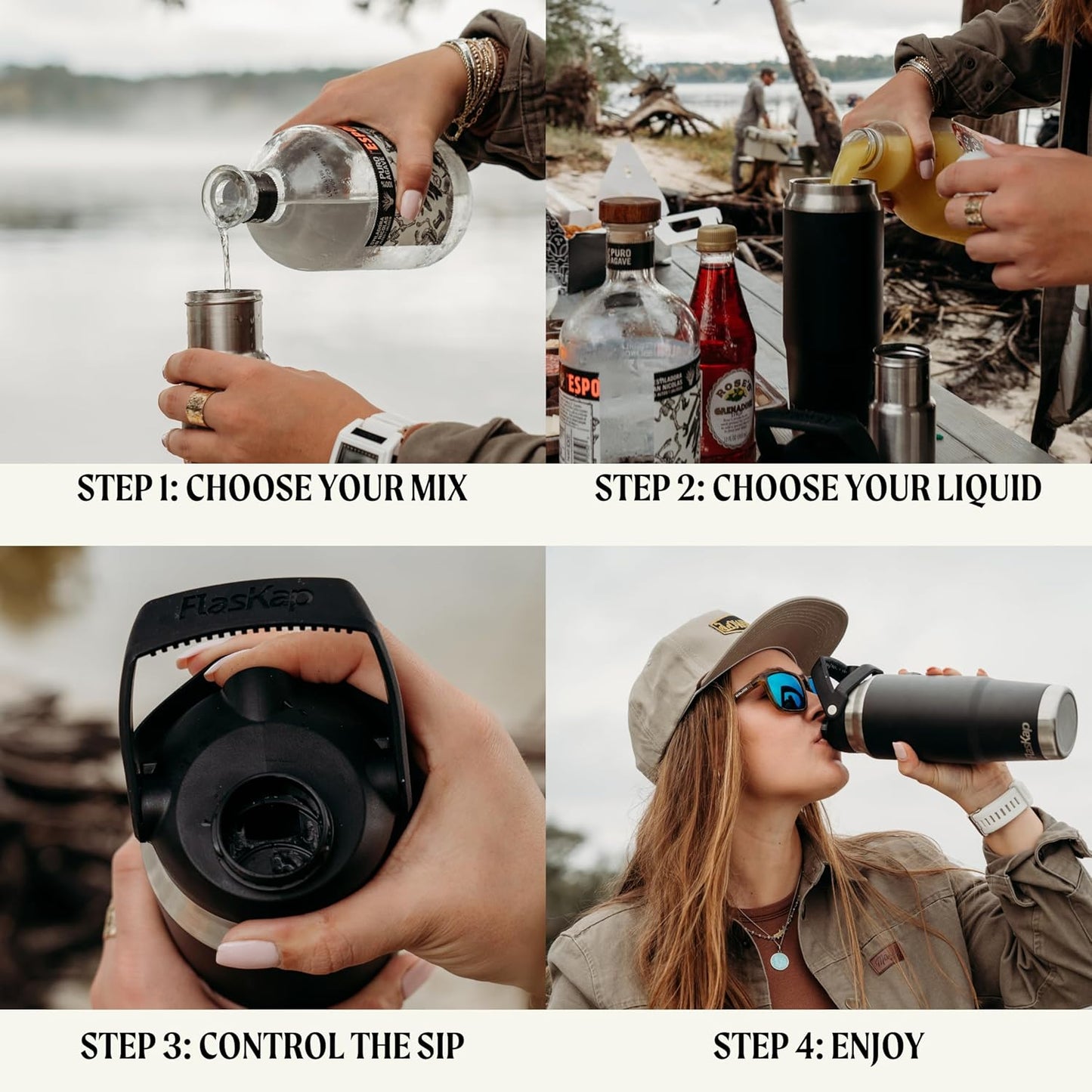 Flaskap FreePour System: 6oz Mixed Drink Tumbler Attachment and 26oz Cup Holder Friendly, Stainless Steel Water Bottle, Removable Hidden Flask Reservoir