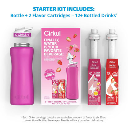 Cirkul 32oz. Chameleon Stainless Steel Water Bottle Starter Kit with Green Lid, 2 Flavor Cartridges (1 LifeSip Blackberry Blueberry, 1 GoSip Berry Blue Punch) No Sugar, Zero Calorie Drink Mix