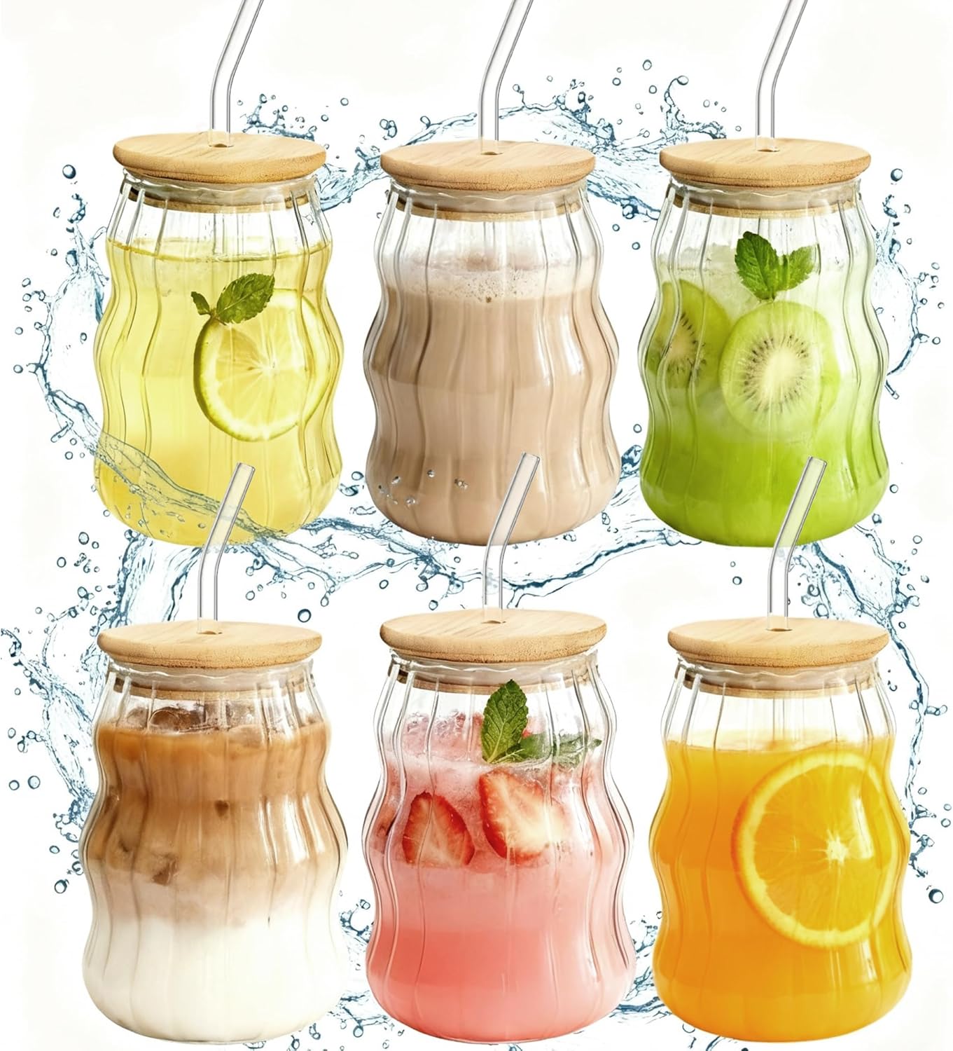 2 Packs Cute Glass Tumbler with Lid and Straw 16 oz Ice Coffee Cup Set for Smoothie Slushie Juice Matcha Tea Latte Cappuccino Espresso Hot Coffe Water Reusable Clear Travel Boba Aesthetic Drinking Mug