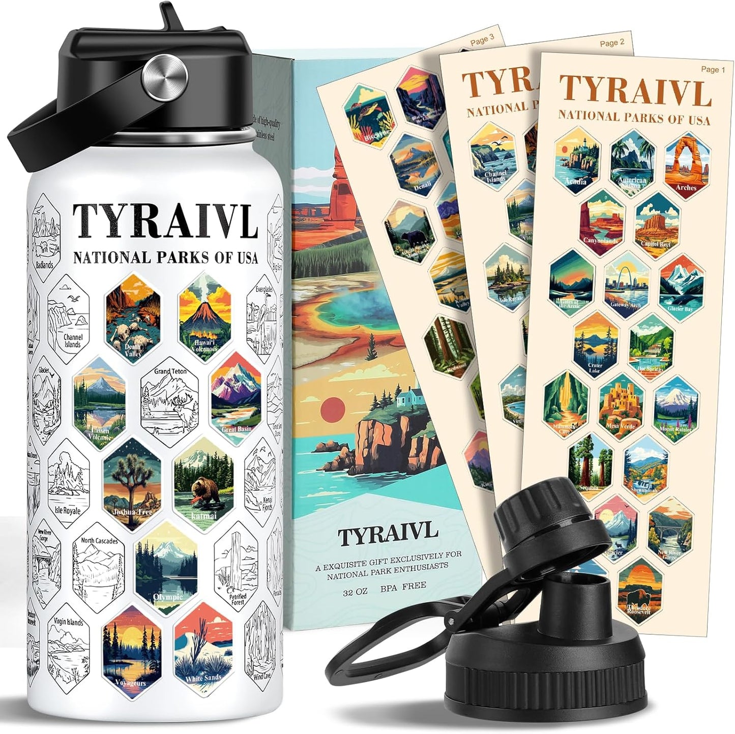 National Parks Water Bottle with Stickers, Birthday Gifts for Men and Women, 32oz Wide Mouth Leakproof Stainless Steel Bucket List Insulated Bottle for Camping & Hiking