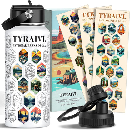 National Parks Water Bottle with Stickers, Birthday Gifts for Men and Women, 32oz Wide Mouth Leakproof Stainless Steel Bucket List Insulated Bottle for Camping & Hiking