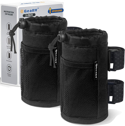GEARV 2Pack Cup Holder for Bike, Scooter and Wheelchair, Water Bottle Holder for UTV/ATV, Walker, Golf Cart and Beach, Universal Drink Holder Accessories with Net Pocket and Cord Lock (Black)