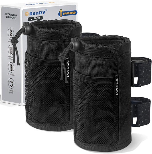 GEARV 2Pack Cup Holder for Bike, Scooter and Wheelchair, Water Bottle Holder for UTV/ATV, Walker, Golf Cart and Beach, Universal Drink Holder Accessories with Net Pocket and Cord Lock (Black)