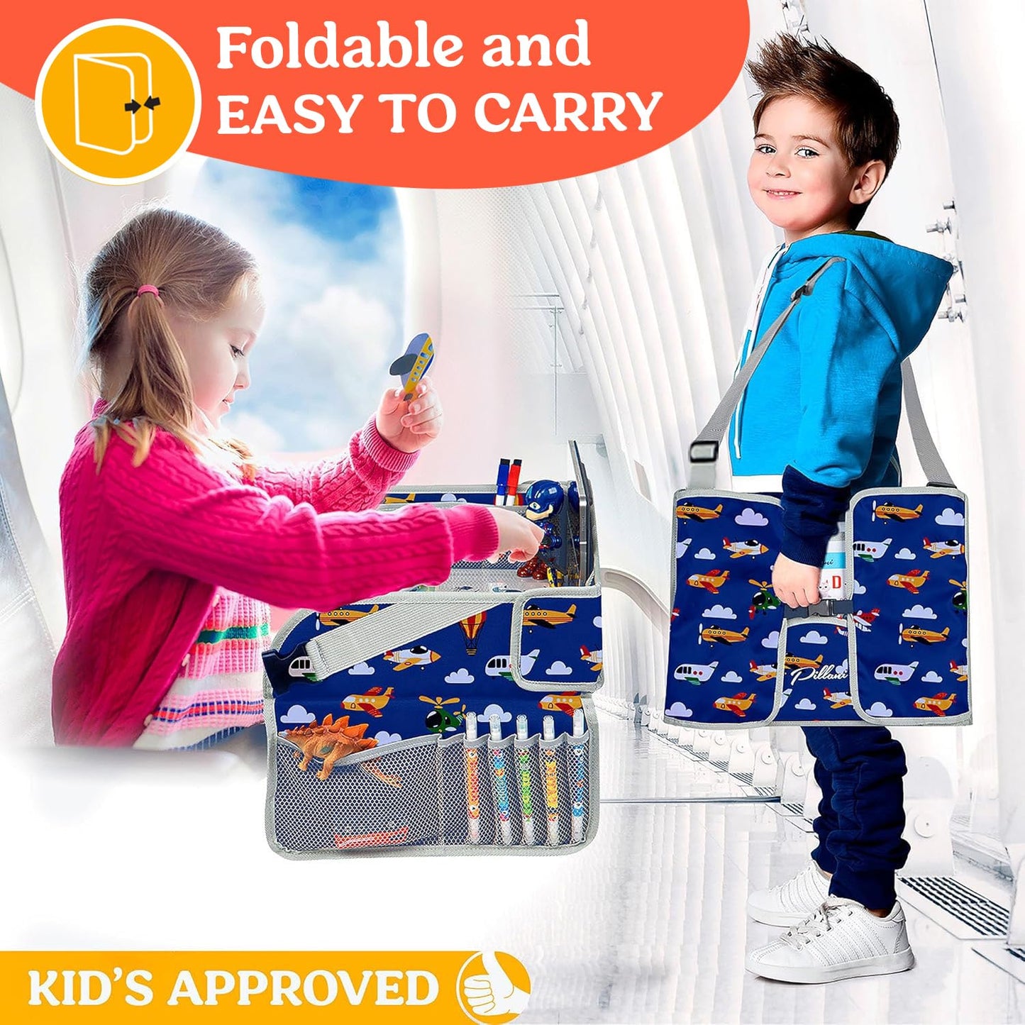 PILLANI Kids Travel Tray for Car - Car Seat Tray with Activity Sheets & Pens, Road Trip Essentials for Car & Airplane, Must Have Toddler Travel Lap Desk Accessories - Road Trip Activities for Kids