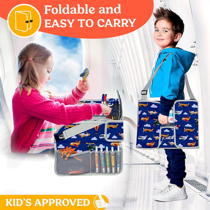 PILLANI Kids Travel Tray for Car - Car Seat Tray with Activity Sheets & Pens, Road Trip Essentials for Car & Airplane, Must Have Toddler Travel Lap Desk Accessories - Road Trip Activities for Kids