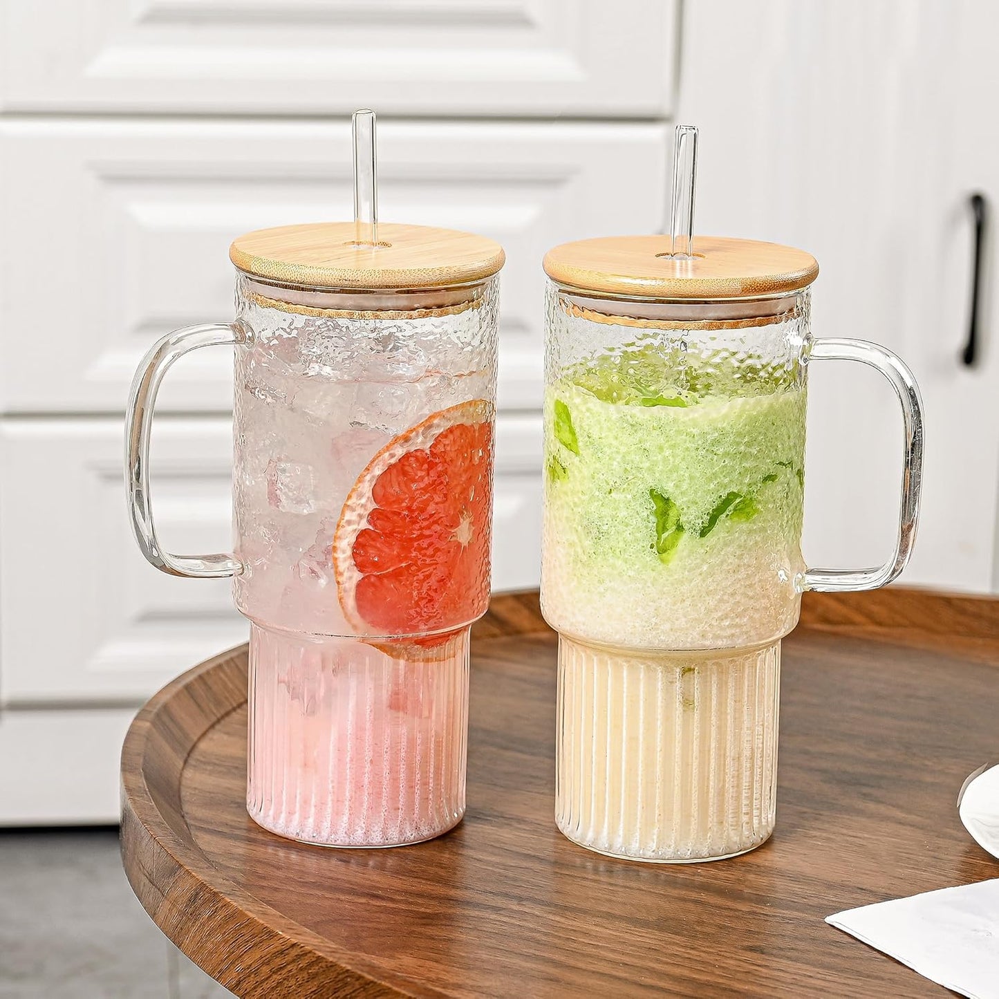 32oz Ribbed Borosilicate Glass Tumbler with Handle, Bamboo Lid and Straw, Iced Coffee Cup Modern Glass Mug for Hot/Cold Drinks, Smoothies, Tea, and Juice (Clear-1 Pack)