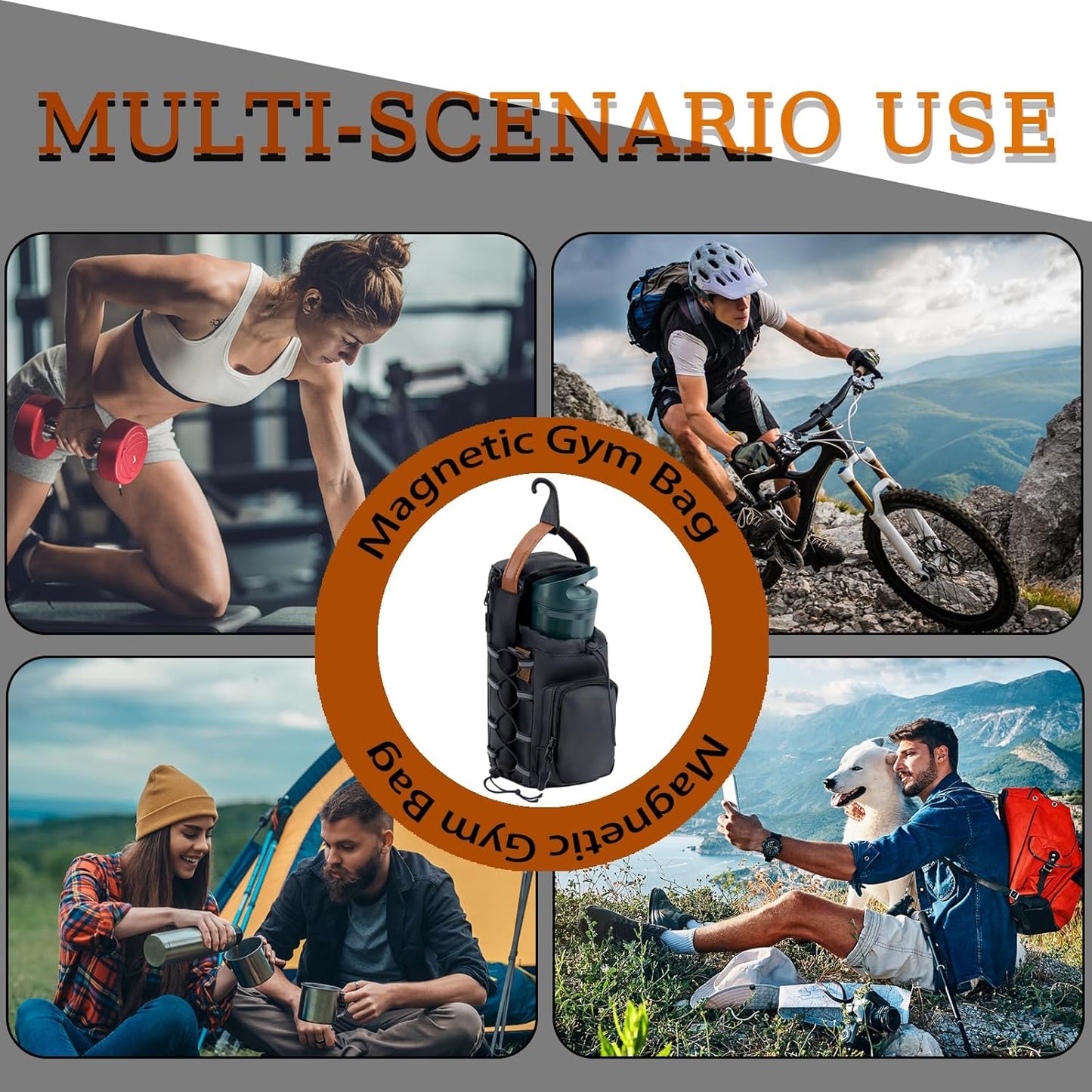 Magnetic Gym Bag for Men and Women, Water Bottle Holder, Gym Pouch with Shoulder Strap for Travel, Sports, Work, Fitness (Strap)