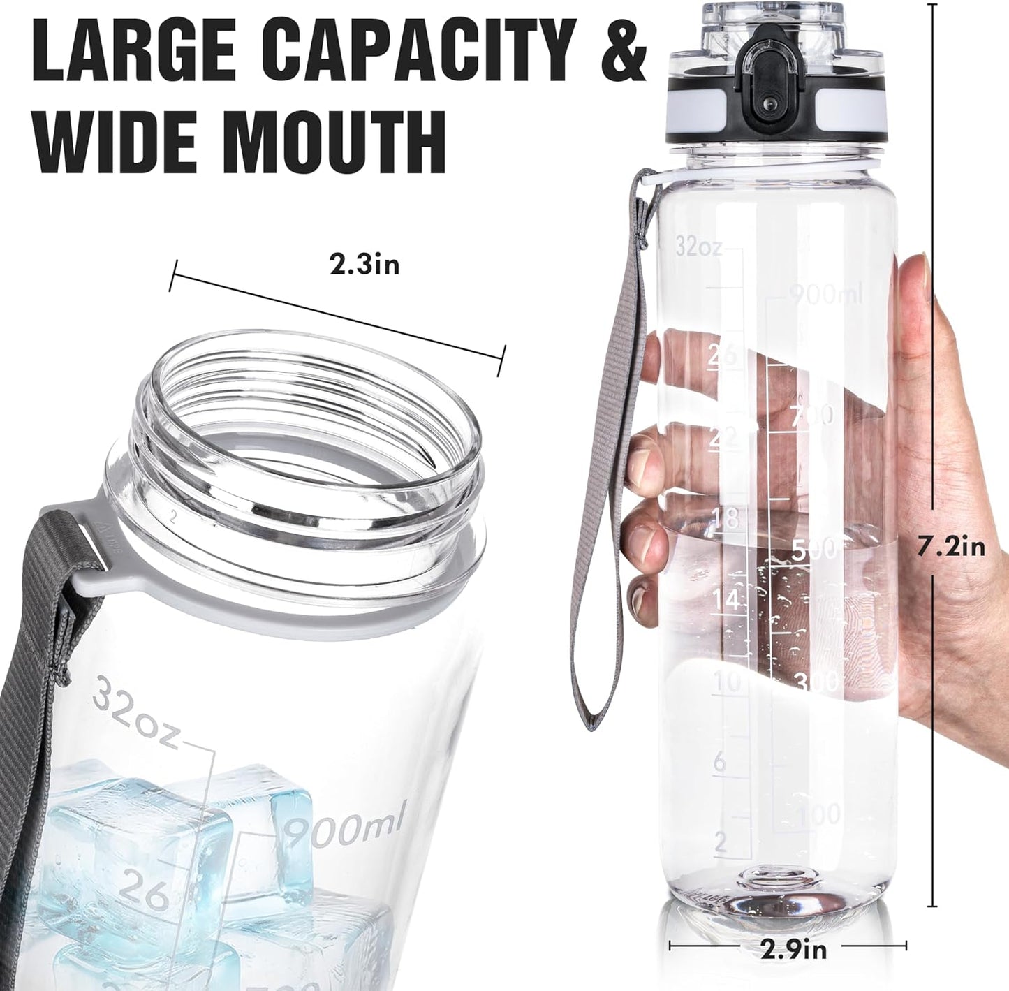 OLDLEY Water Bottle, 32oz Motivational Sports Water Bottle with Time Marker - Times to Drink - Tritan, BPA Free, Wide Mouth Leakproof, Clear (1 Bottle)