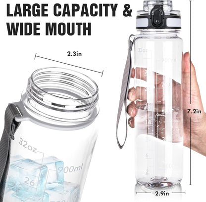 OLDLEY Water Bottle, 32oz Motivational Sports Water Bottle with Time Marker - Times to Drink - Tritan, BPA Free, Wide Mouth Leakproof, Clear (1 Bottle)
