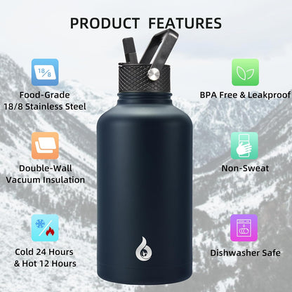 BJPKPK Insulated Water Bottles with Straw Lid, 40oz Stainless Steel Water Bottles with 3 Lids, BPA Free Leakproof Thermo, Tumblers, Cups for Sports, Gym- Midnight - Colors A