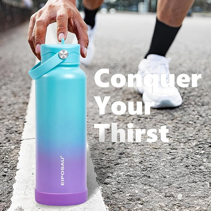 Insulated Water Bottle with Lid & Boot & Stickers, 24 oz Stainless Steel Sweat Free Bottle Keep Cold 24H, BPA-Free Sports Wide Mouth Water Bottle, BlueBlack