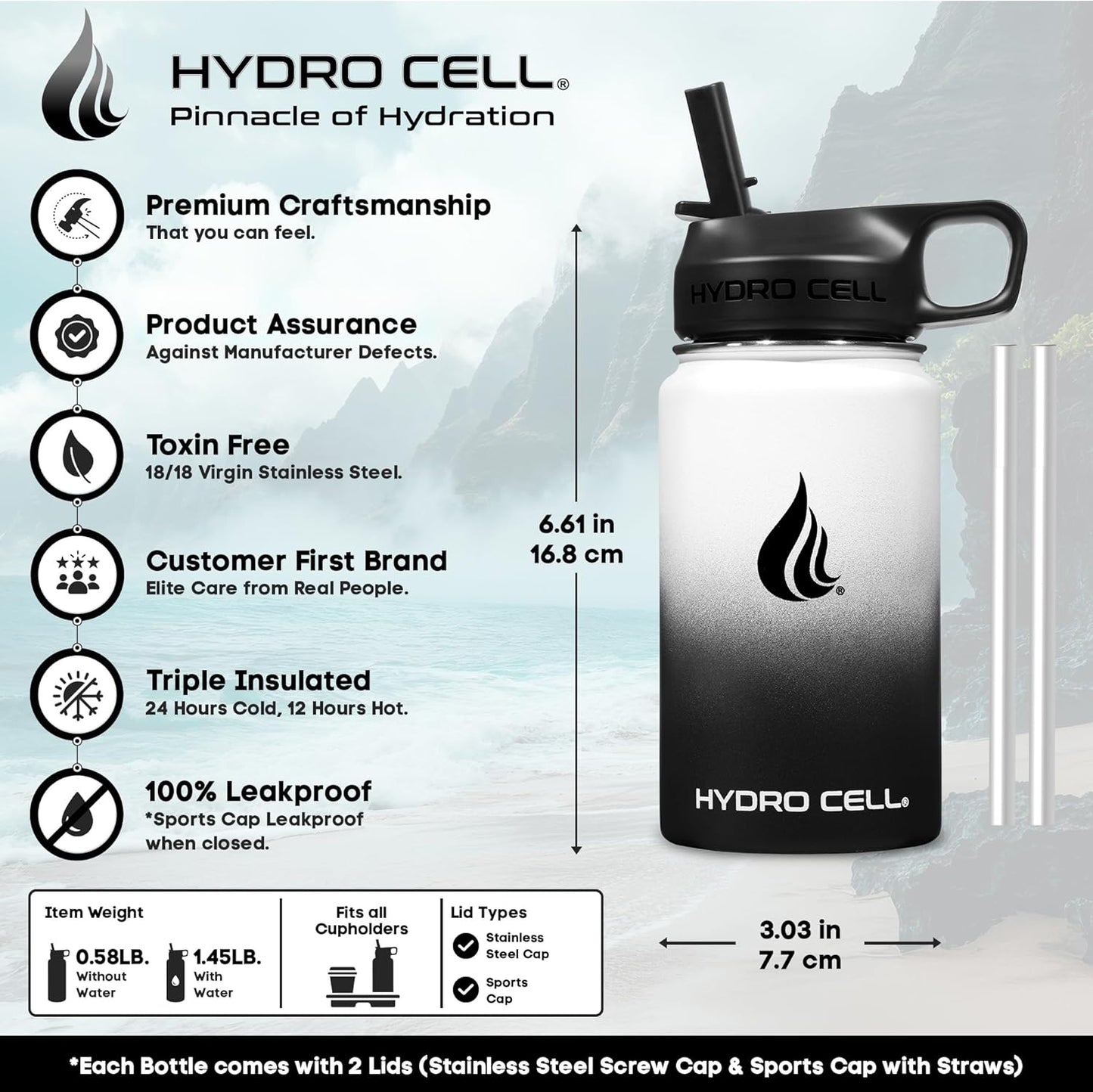 HYDRO CELL Stainless Steel Insulated Water Bottle with Straw - For Cold & Hot Drinks - Metal Vacuum Flask with Screw Cap and Modern Leakproof Sport Thermos for Adults (Neon 18oz)