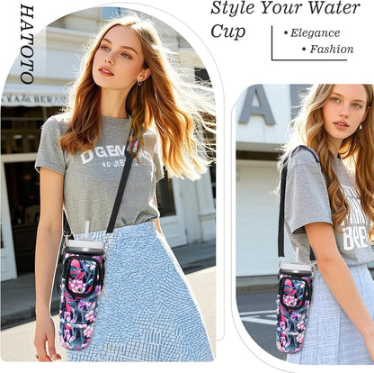 Water Bottle Holder with Strap for Stanley Cup 40/30oz, Insulated Neoprene Stanley Cup Holder with Strap for Tumbler with Handle Stanley Carrier Bag Cross-body Bag for Walking