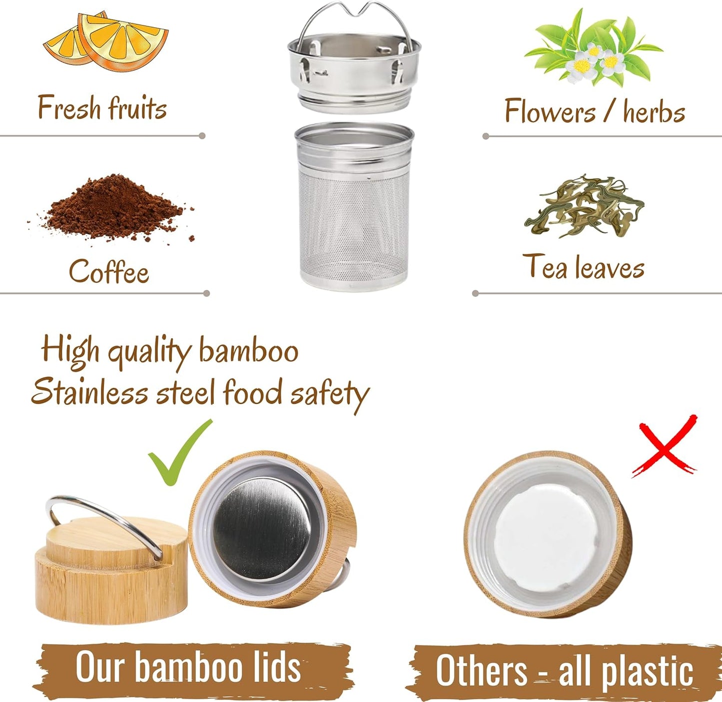Bamboo Water Bottle Insulated Tea Tumbler for Men Birthday Gift, Women Travel Tea Set with Diffuser for Loose Tea Leaves, Stainless Steel Leak Proof Gift for Mom (15 oz)