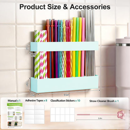 9.5” Large Acrylic Straw Holder for Cabinet Door, Reusable Adjustable Two-Part Straws Organizer with Ultra Sticky Adhesive Strips, 2026 Straw Storage for Kitchen Cupboard (Transparent)