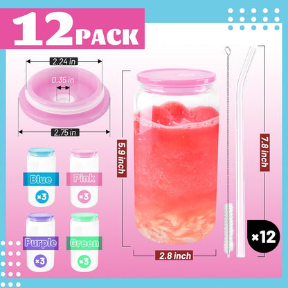 Joyclub 8pcs 16 oz Glass Cups with Acrylic Lids and Straws Can Shaped Iced Coffee Glasses Cute Tumbler Set Drinking Jars for Smoothie Soda Boba Beer Party Housewarming Gifts
