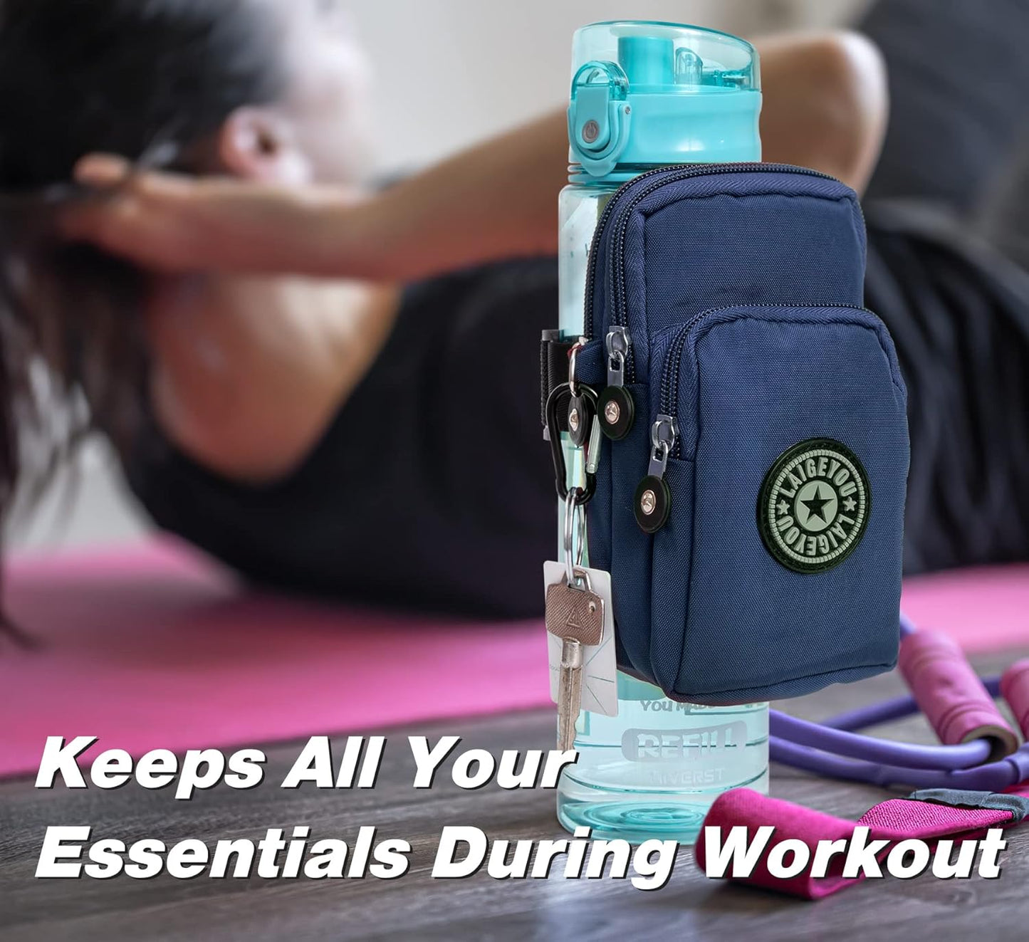 Gym Water Caddy with Phone Holder, Water Bottle Sleeve Bag with Pocket for Cards, Keys, Wallet, Gym Bottle Accessories for Men Women