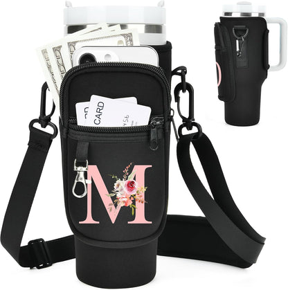 Initial Water Bottle Holder with Strap for Stanley Cup Accessories 40 oz/Simple Modern Tumbler, Birthdays for Women Girls, Water Bottle Carrier Bag with Phone Pocket,Hiking Walking Gym Camping