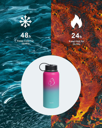 BUZIO 40oz Insulated Water Bottle, Triple Wall Vacuum Stainless Steel Water Flask with 2 lids, Lead-Free BPA-Free Straw Lid Sports Canteen Jug, Cold 48H & Hot 24H- Black - Colors B