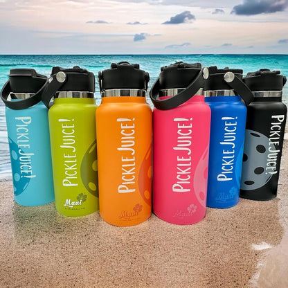 Maui Pickleball Co.™ Pickleball Water Bottle 32oz Insulated Stainless Steel Water Bottle PickleBall Accessories Pickleball Gifts Sip/Swig Lid with Carry Handle
