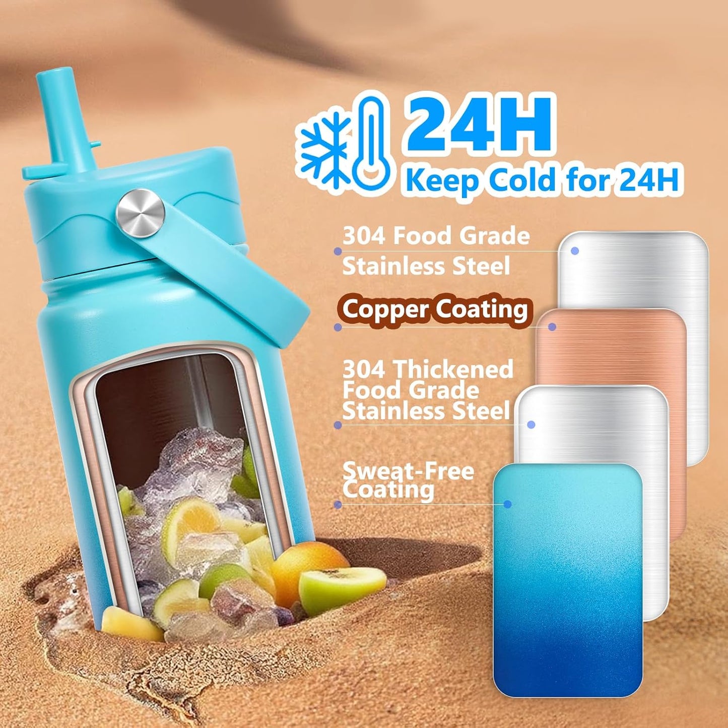 Insulated Water Bottle with Lid & Boot & Stickers, 24 oz Stainless Steel Sweat Free Bottle Keep Cold 24H, BPA-Free Sports Wide Mouth Water Bottle, BlueBlack