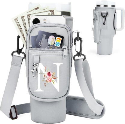 Initial Water Bottle Holder with Strap for Stanley Cup Accessories 40 oz/Simple Modern Tumbler, Birthdays for Women Girls, Water Bottle Carrier Bag with Phone Pocket,Hiking Walking Gym Camping
