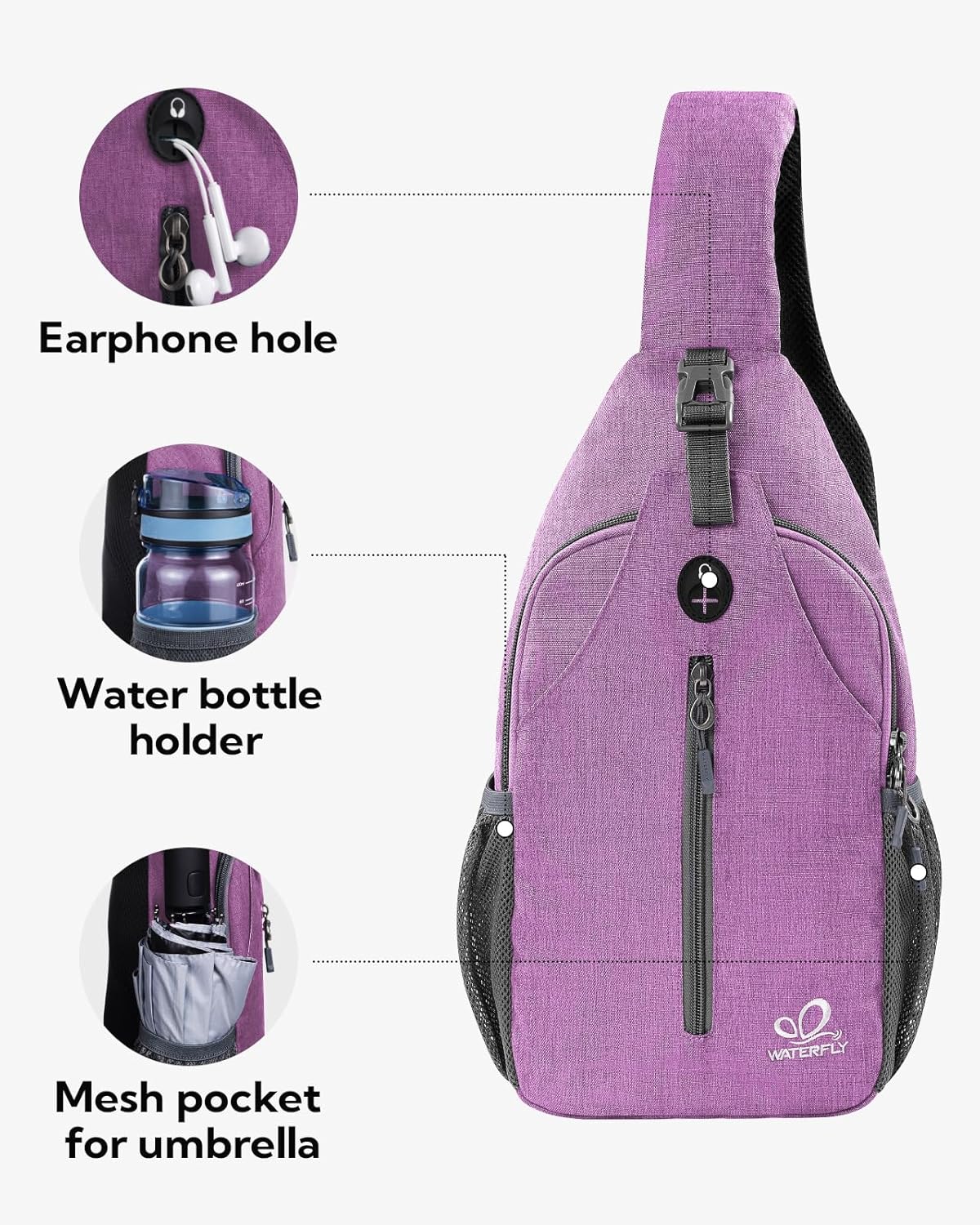 WATERFLY Crossbody Sling Backpack Sling Bag Travel Hiking Chest Bag Daypack (Black)