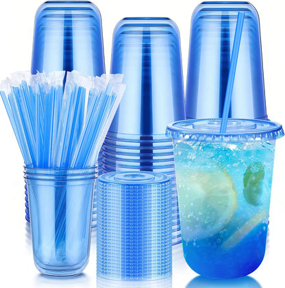 tchrules 100 Set 16oz Plastic Cups with Lids and Straws, Disposable Clear Iced Coffee Cup with Lid, Round Bottom Plastic To Go Cups for Cold Drinks Slushie Smoothie Lemonade Matcha Party Shop Supplies