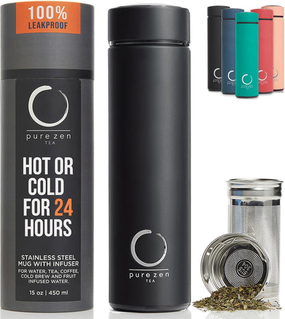 Pure Zen Tea Thermos with Infuser for Hot and Cold Infusions - Stainless Steel - Tea Infuser Bottle - Leakproof Travel Mug with Filter - 15oz - Blue