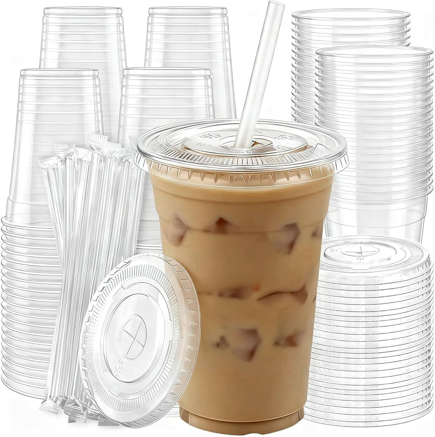 100 Pack 16 oz Plastic Cups with Lids and Straws, Clear Disposable Plastic Cups, Heavy Duty Iced Coffee Cups with Leak-Resistant Lids, Cold Drink Cups for Juice, Coffee and Milk Tea & Party To Go